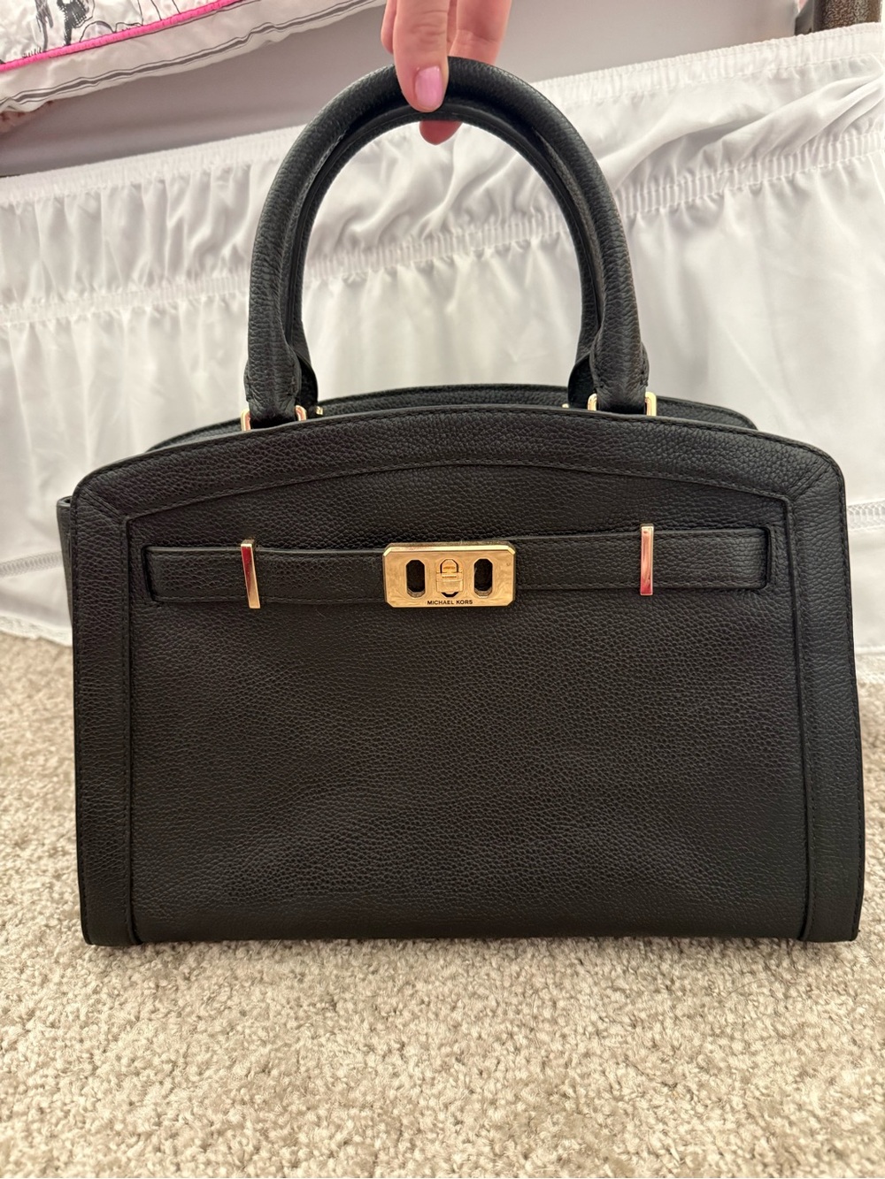 Michael Kors Black Pebbled Leather Top-Handle Satchel with Gold Hardware